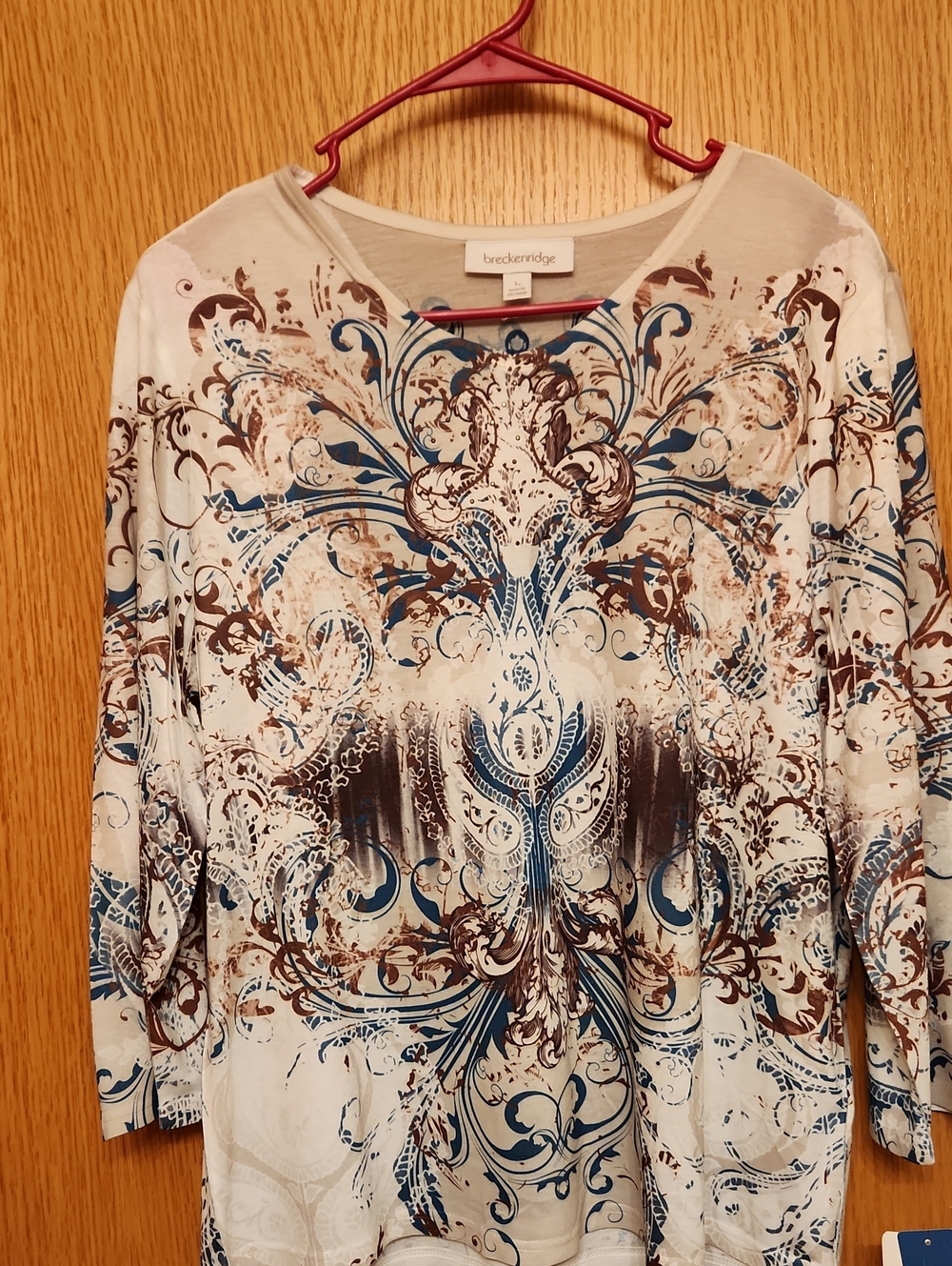 Breckenridge Cream Top with Blue & Brown Ornate Print